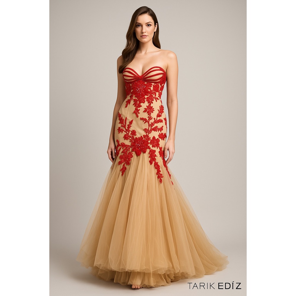 Tarik Ediz Stella 92349 Gown 2 Red Lace Beaded Mermaid Strapless Formal Dress